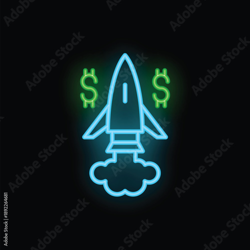 Neon rocket taking off surrounded by green dollar signs, representing a successful business start up