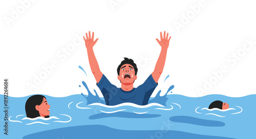 Man drowning in water and screaming for help, while other people swim nearby, symbolizing a cry for assistance.