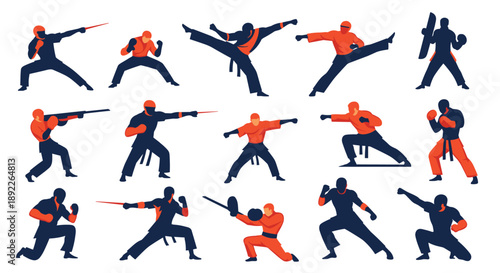 Set of silhouettes showing fighters in various martial arts poses, including karate, boxing, and kung fu techniques.