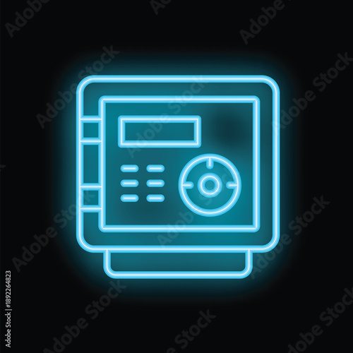 Glowing neon blue safe representing security, protection, and peace of mind for valuable possessions