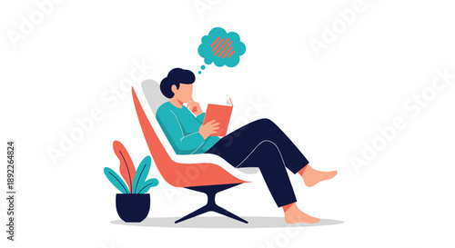 Young man relaxing in a modern chair while reading a book, with a thought bubble above his head for imagination.