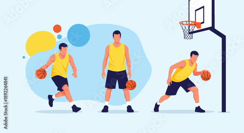 Set of a male basketball player in a yellow jersey, shown in various action poses like dribbling and standing.
