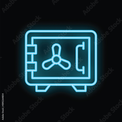 Blue neon safe deposit box glowing on black background representing security and safety
