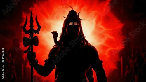 Silhouette of Lord Shiva with Trident and Serpent against Fiery Red Background