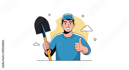 Cheerful male worker or gardener in a cap holding a shovel and giving a thumbs-up gesture, ready for construction or planting.