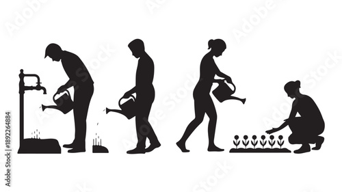 Vector Illustration Of Silhouette People Watering Plants From Faucet To Garden For Agriculture And Gardening Concept
