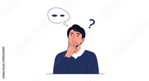 Pensive young man with a hand on his chin looks up thoughtfully, contemplating a problem with a question mark and a thought bubble.