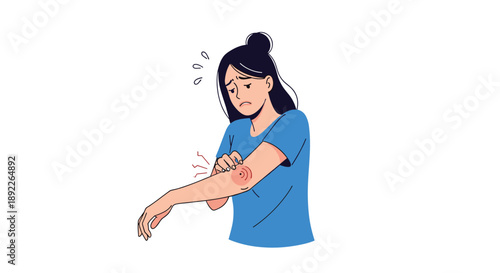 Worried young woman scratching an itchy red rash on her arm from an insect bite, suffering from a skin allergy or irritation.