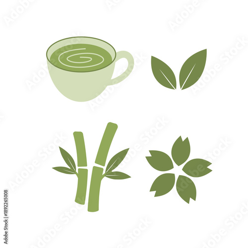 Matcha Green Tea Icon Set Vector with Cup Leaves and Bamboo Illustration
