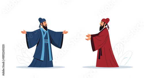 Two wise ancient Chinese philosophers or scholars in traditional robes greeting each other with open arms for a discussion or embrace.