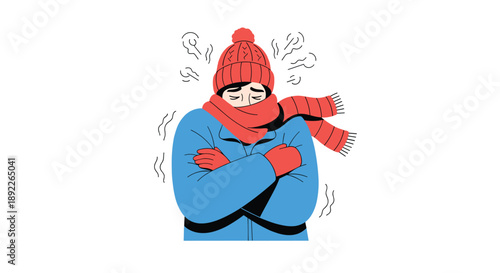 Person bundled in a winter coat, scarf, and hat shivering uncontrollably in freezing cold weather with visible frosty breath.