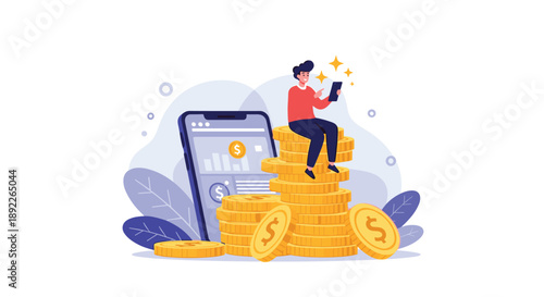Successful man sitting on a large stack of gold coins with a smartphone, celebrating his financial growth and online earnings.