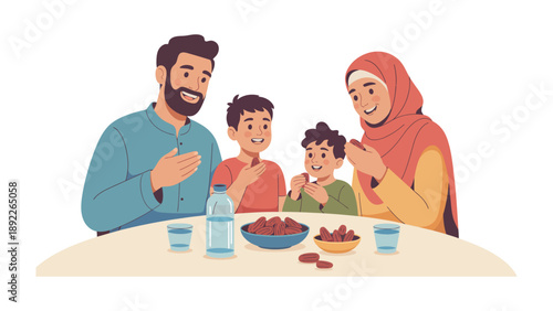Breaking Fast Together: A loving family sits at a table during a special meal, sharing the joy of togetherness. The scene shows the unity and bond shared by family.