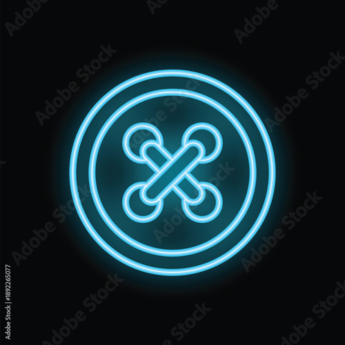 Blue neon button shining on dark background, concept for sewing, clothes, fashion and tailoring