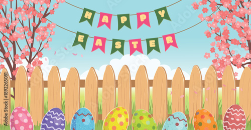 Easter banner with a fence and cherry blossoms. Colored eggs lie hidden in the grass. Happy Easter.