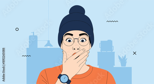 Shocked young person with wide eyes and a hand over their mouth, expressing surprise, disbelief, or astonishment in a room.