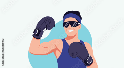 Strong and confident male boxer wearing sunglasses and boxing gloves, smiling while flexing his bicep to show his muscular arm.