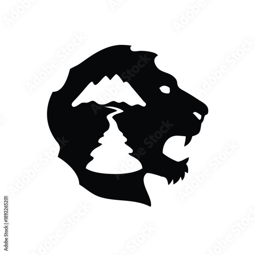 Lion face made of mountain and river shapes