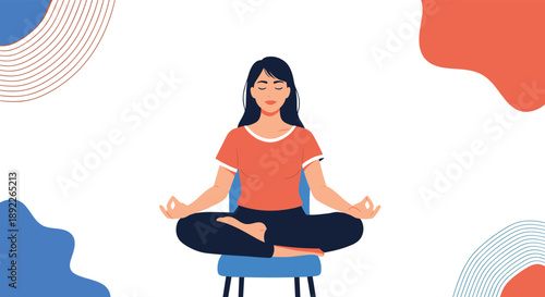 Calm young woman practicing mindfulness meditation and yoga in a lotus position while sitting on a chair for relaxation at home.