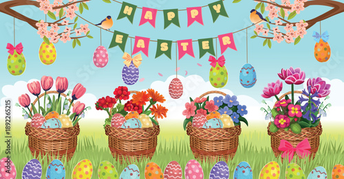 Easter banner with baskets of flowers and blooming sakura. Colored eggs hang on strings and lie hidden in the grass. Happy Easter.