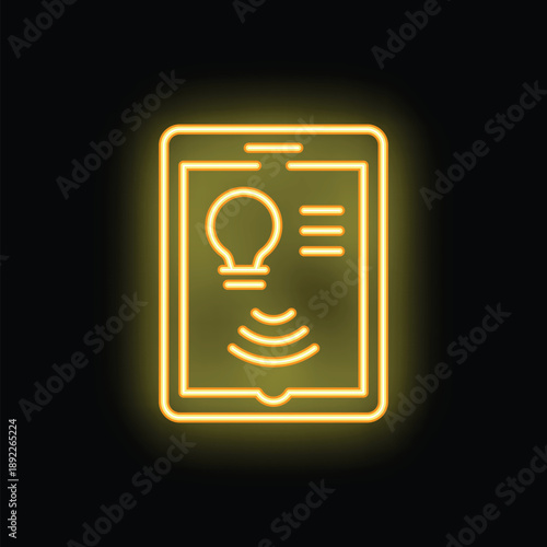 Yellow neon glowing smartphone is displaying a smart home app controlling a light bulb