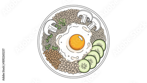 Bowl of delicious ramen noodles topped with a fried egg, sliced mushrooms, fresh cucumbers, and assorted beans in a detailed illustration.