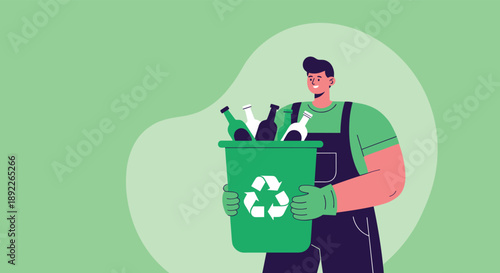 Young man in uniform holding a green bin filled with glass bottles for recycling, promoting environmental conservation and sorting waste.