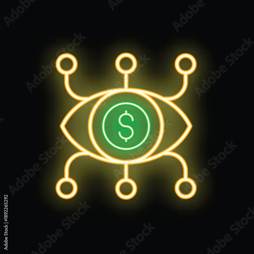 Neon sign of an eye with connected lines symbolizing the search for financial prospects and profitable investments