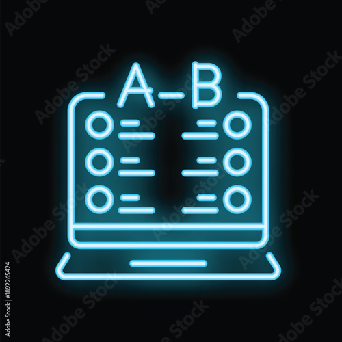 Neon blue icon of an online ab comparison test displayed on a laptop computer