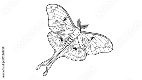 Detailed black and white line art illustration of a large moth with ornate wing patterns and feathered antennae in a botanical style.