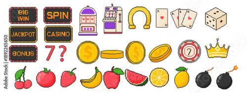 8 bit style gambling icon set. Pixel art object with jackpot, coins, dice, playing cards, fruits, horseshoe, crown, bomb.