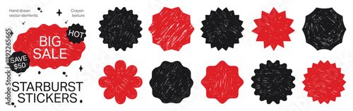 Crayon starburst stickers set. Hand drawn promo badges with rough scribble texture and scallop, wavy and zigzag edges. Sale and discount label shapes.