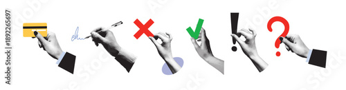 A collection of hands holding business symbols a credit card, a pen, a checkmark, a cross, an exclamation mark, and a question mark. Halftone dotted collage illustration. Concept symbols for decision