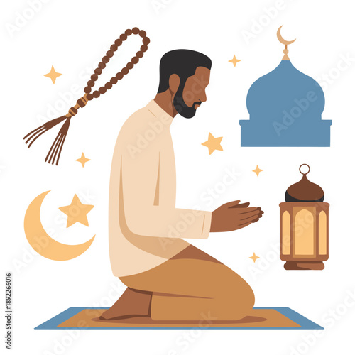Muslim Praying in Faith: A devoted Muslim kneels in prayer, engrossed in faith, embodying the essence of devotion and tranquility. Representing the soul and spirit of the religion.