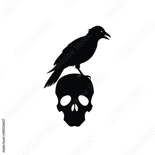 Crow perched on skull illustration