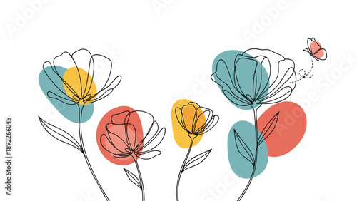 Continuous line art drawing of four delicate flowers with abstract color splashes and a small butterfly flying nearby.