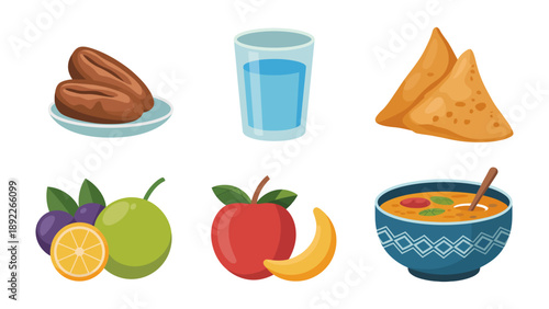 Delicious Culinary Feast: A diverse array of fresh and delectable food items, including dates, refreshing water, samosa, fruit, apple, banana, lemon, and a bowl of soup.