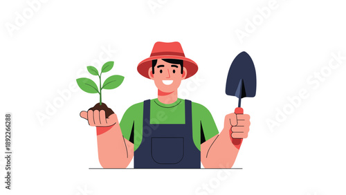 Friendly farmer character wearing a hat and apron holding a young green plant and a garden trowel in a clean flat illustration.