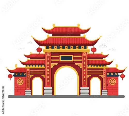 Traditional red Chinese gate with multiple tiered roofs and golden accents, featuring a central archway and side entrances, adorned with lanterns.