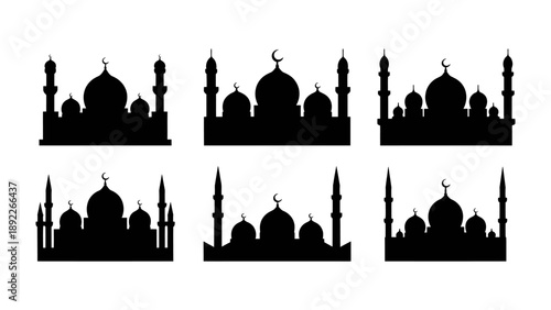 Islamic Silhouette Collection: A set of mosque silhouettes, capturing the essence of Islamic architecture with domes and minarets in monochrome simplicity.