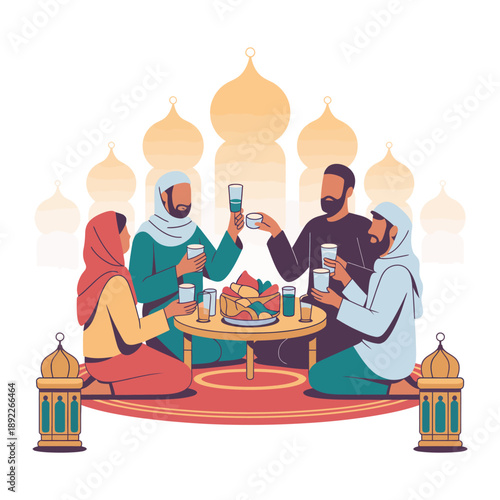 Ramadan Feast: A festive Ramadan scene of individuals sharing a meal in a cultural setting, depicting togetherness and tradition.