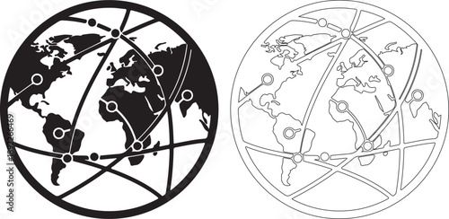 Global Network World Map Icon Vector Illustration in Black and Outline Styles isolated PNG with Transparent Background