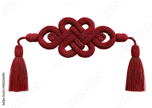 Red cord with a central knot design and two tassels, isolated on black
