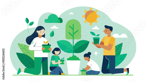 Family gardening concept with people planting trees and nurturing nature in a green outdoor environment