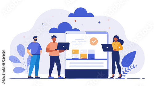 Teamwork concept with diverse people using laptops in front of a large digital interface and cloud background