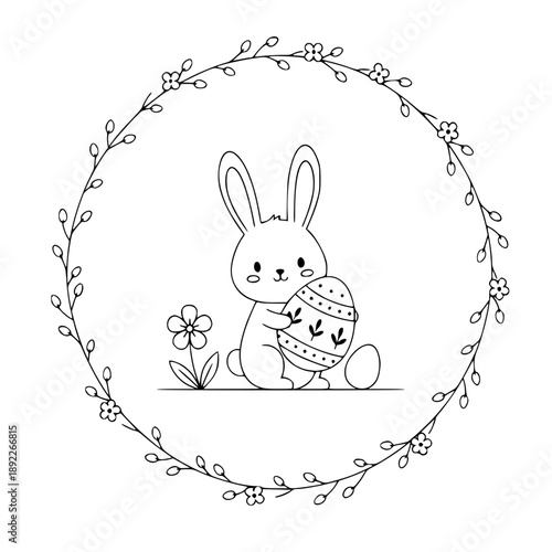 Cute Easter Bunny with Egg in Floral Wreath Line Art, Rabbit Holding Paschal Egg in Spring Flower Frame, Holiday Coloring Page Illustration