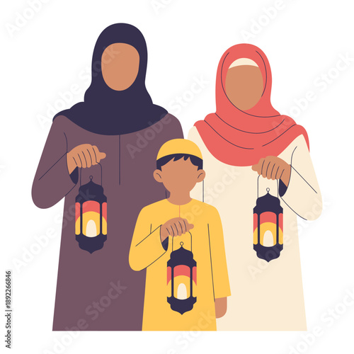 Ramadan Mubarak: A Warm Gathering Under the Lanterns: A tender moment of familial warmth is captured as a mother and her child hold vibrant lanterns, their faces alight with the spirit of Ramadan.