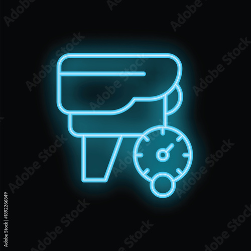 Blue neon icon of a tonometer measuring intraocular pressure, ideal for healthcare professionals and eye care providers