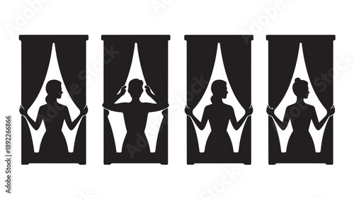 Vector Illustration Of Silhouettes Of Women Behind Curtains For Dance And Performance Concept