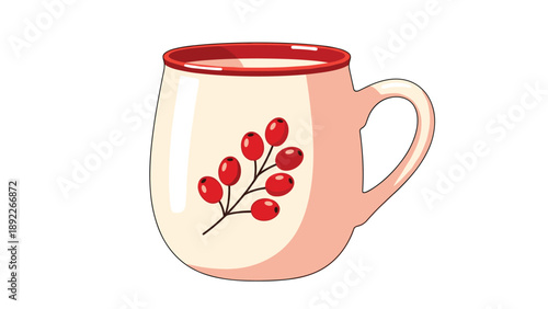 Charming ceramic mug in beige with a red rim featuring a hand-painted design of red berries on a branch for a cozy home feel.